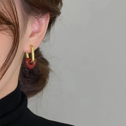 French fashion simple and versatile geometric square earrings red love two wear detachable earrings ins cold