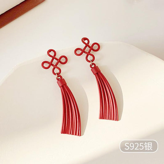 S925 Silver Needle Chinese New Year Red Earrings Winter Tassels Chinese Knot Earrings Female Elegant Ethnic Earrings