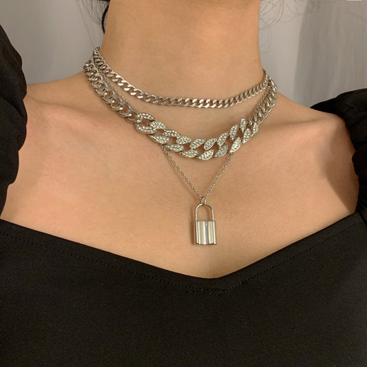 Jewelry punk thick chain diamond-studded Cuban chain necklace hip-hop personality lock pendant necklace female