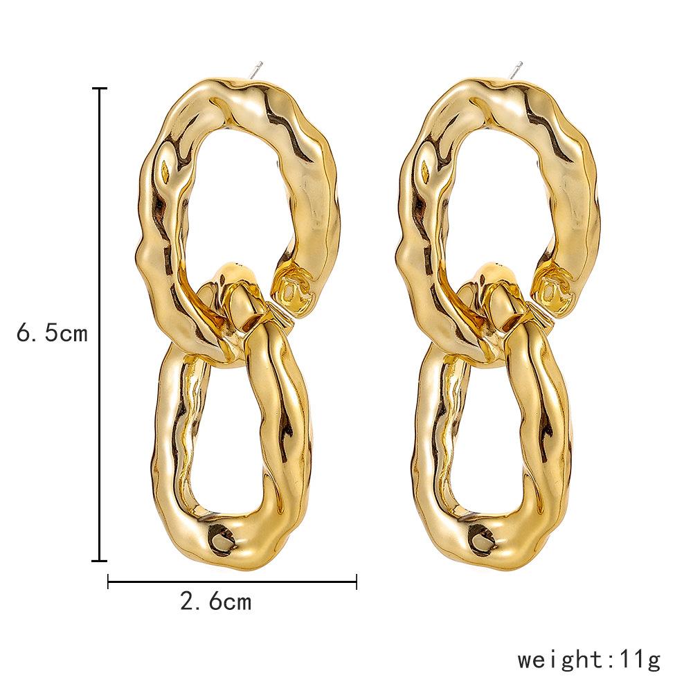 Autumn and winter fashion CCB exaggerated double-ring earrings 18K gold metal texture hip-hop chain earrings