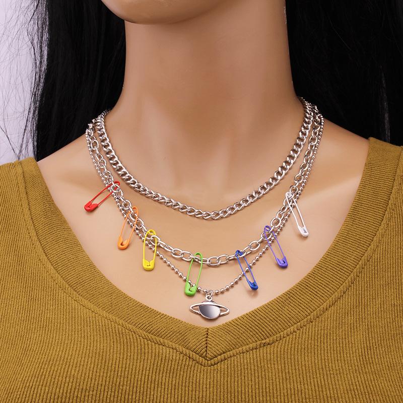 Jewelry Hip Hop Punk Stacked Metal Necklace Sweet Cool Color Pin Niche Planet Necklace