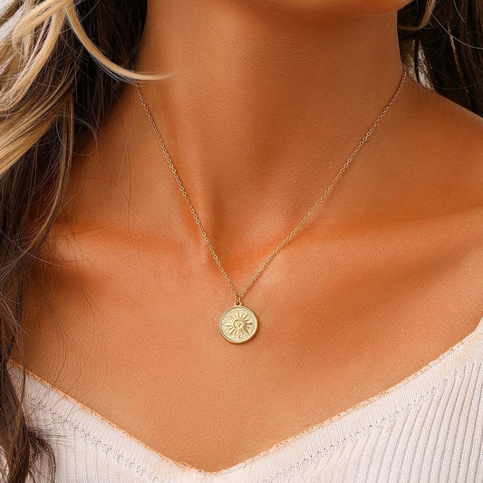 Original Design Personality Simple Stainless Steel Gold Round Coin Embossed Sun Necklace For Women