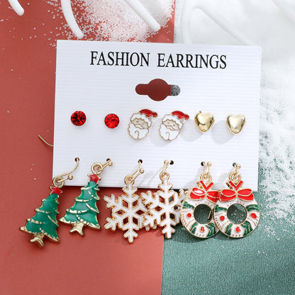 Christmas series snowflake bell earrings combination set cartoon oil dripping cane old man earrings female