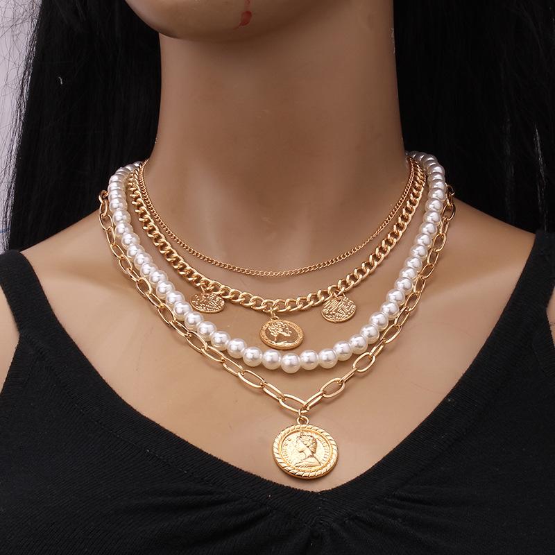 Jewelry Retro Multi-layer Beaded Chain Fashion Necklace Simple Portrait Imitation Pearl Multi-layer Necklace