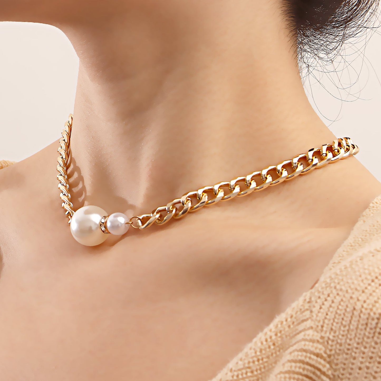 Ins jewelry imitation baroque pearl exaggerated pendant necklace retro street thick chain necklace