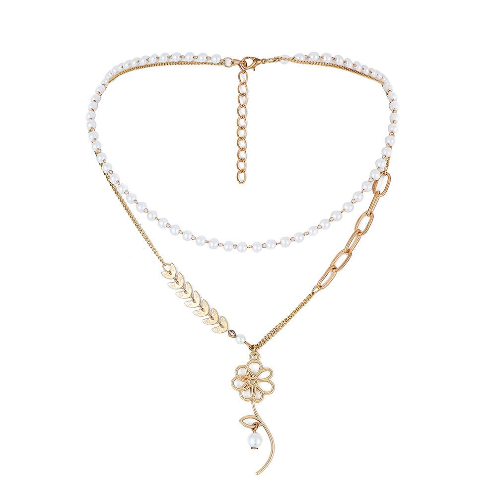 Fashion ins double-layer wheat ear flower pendant personality simple pearl necklace niche design sense female