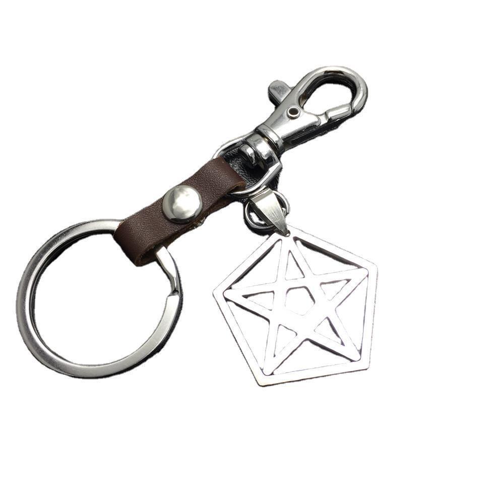 Five-pointed star pentagon stainless steel leather key chain waist bag bag pendant clothing accessories