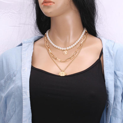 Elizabeth retro coin multi-layer necklace temperament all-match pearl embossed long sweater chain