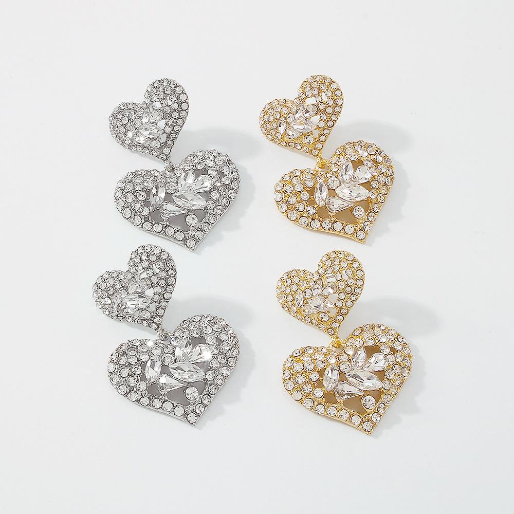 E1286 Exaggerated Earrings Women's Double Love Diamond Light Luxury Earrings Fashion Hong Kong Retro Personality Earrings