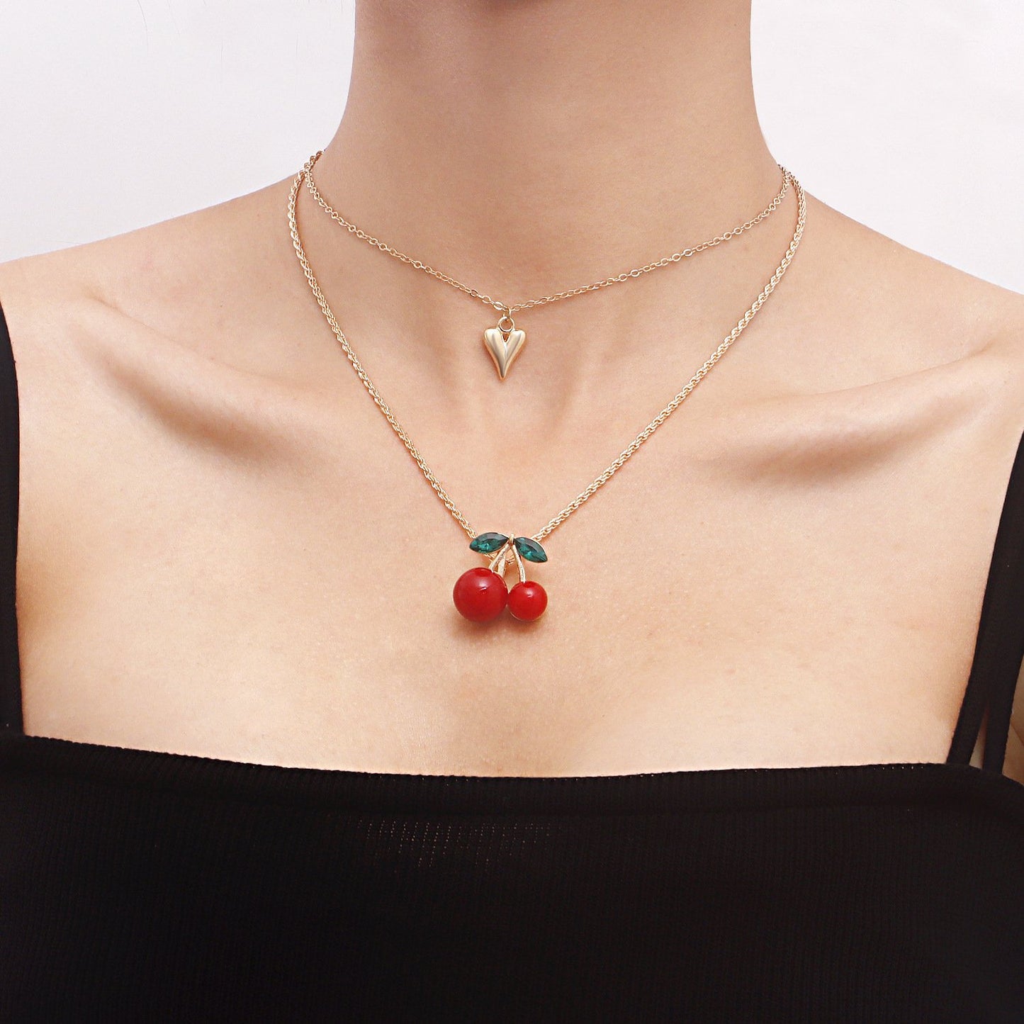 Jewelry exaggerated red big cherry multi-layer heart pendant necklace female choker