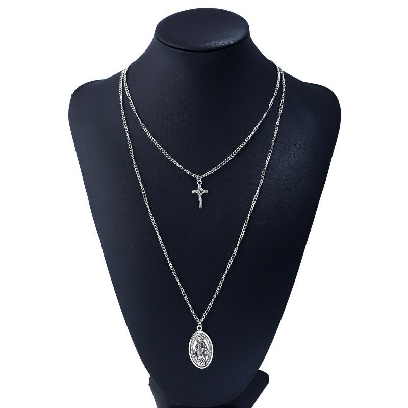 Grid Long Chain Cross Necklace Alloy Virgin Pattern Pendant Necklace