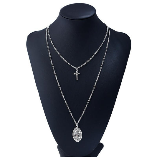 Grid Long Chain Cross Necklace Alloy Virgin Pattern Pendant Necklace