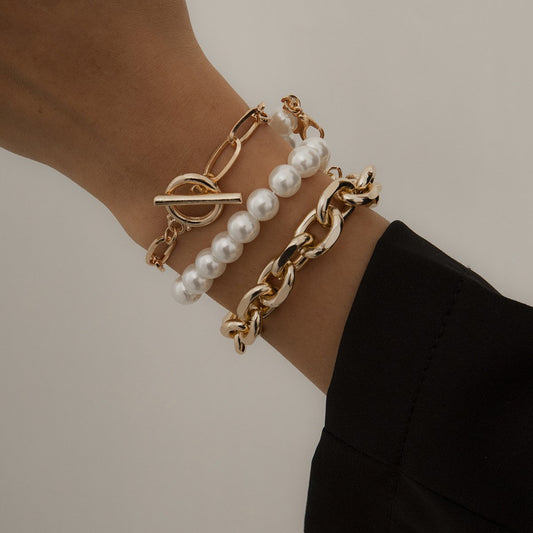 Temperament Simple Imitation Pearl Bracelet Set Ornament Punk Metal Chain OT Buckle Bracelet Female