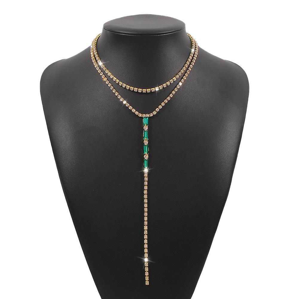 N9872 Fashion Versatile Y-shaped Necklace Simple Temperament Full Diamond Back Chain Super Flash Light Luxury Double Layer Necklace Women