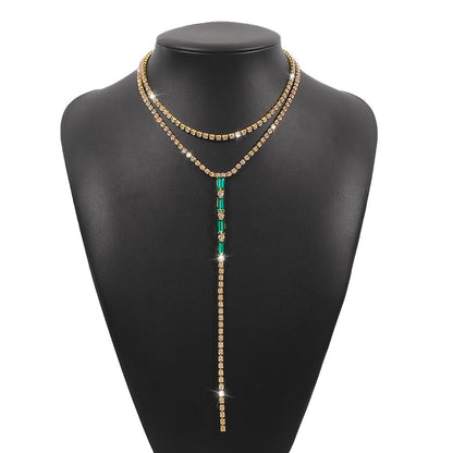 N9872 Fashion Versatile Y-shaped Necklace Simple Temperament Full Diamond Back Chain Super Flash Light Luxury Double Layer Necklace Women