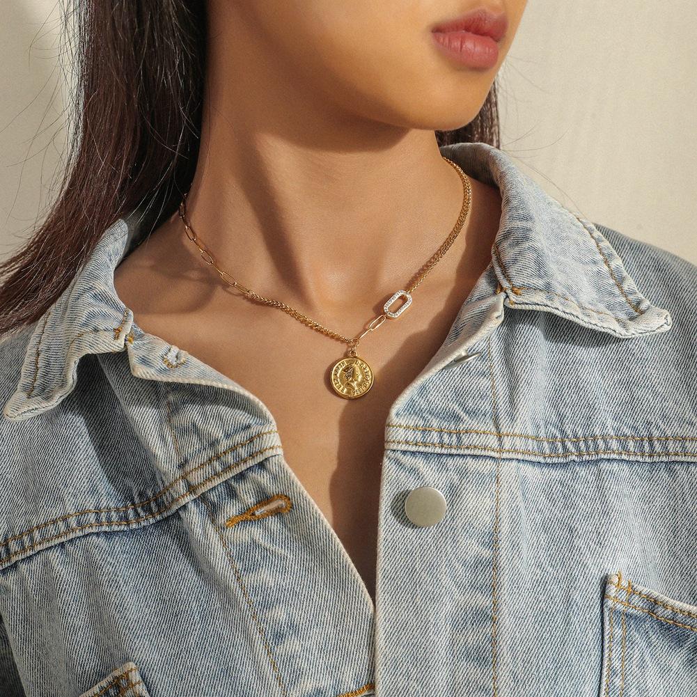 Creative ancient Roman portrait digital coin stainless steel titanium steel pendant necklace personality diamond clavicle chain female