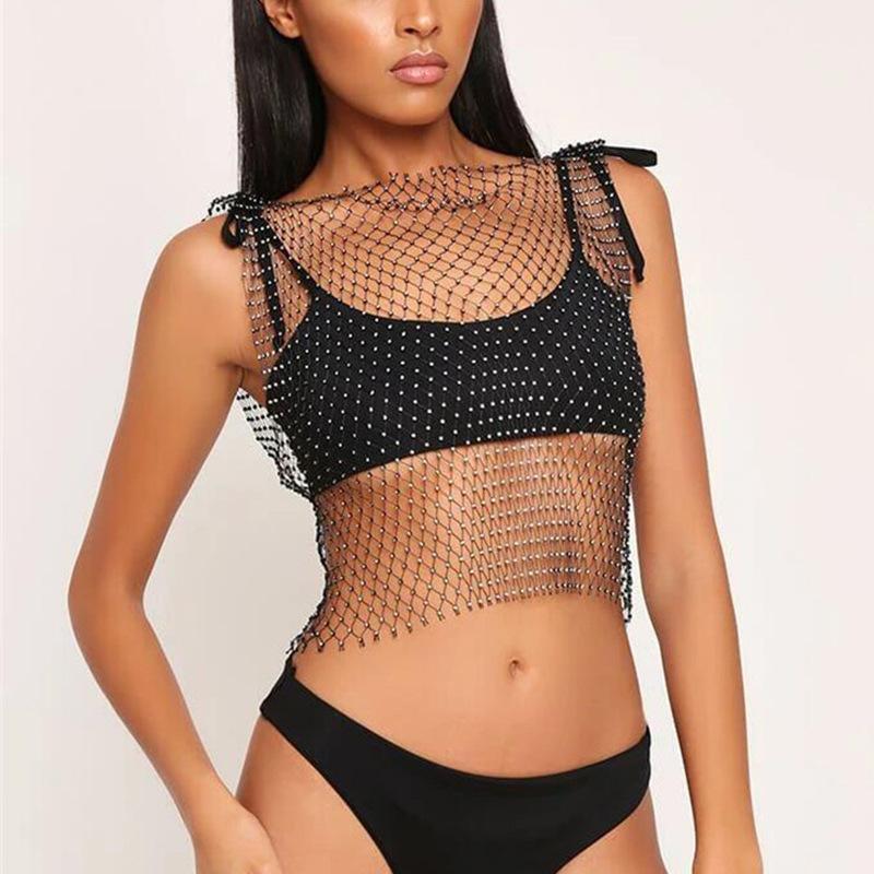 Sexy Flashing Diamond Fishnet Vest Body Chain Trendy Hollow Perspective Diamond Grid Sleeveless Top