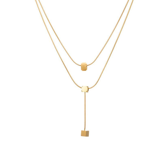 Double-layer small square necklace female small golden ball double-layer hip-hop tassel necklace sweet cool niche light luxury clavicle chain