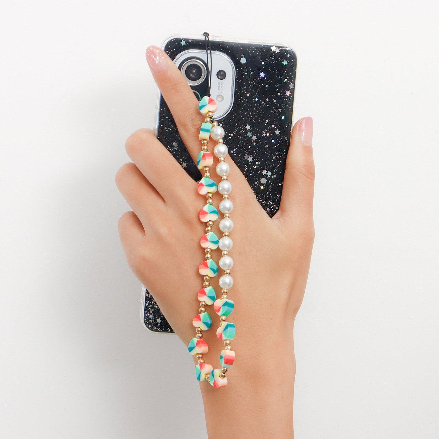 Jewelry hand-woven imitation pearl hit color mobile phone chain small fresh color heart simple lanyard