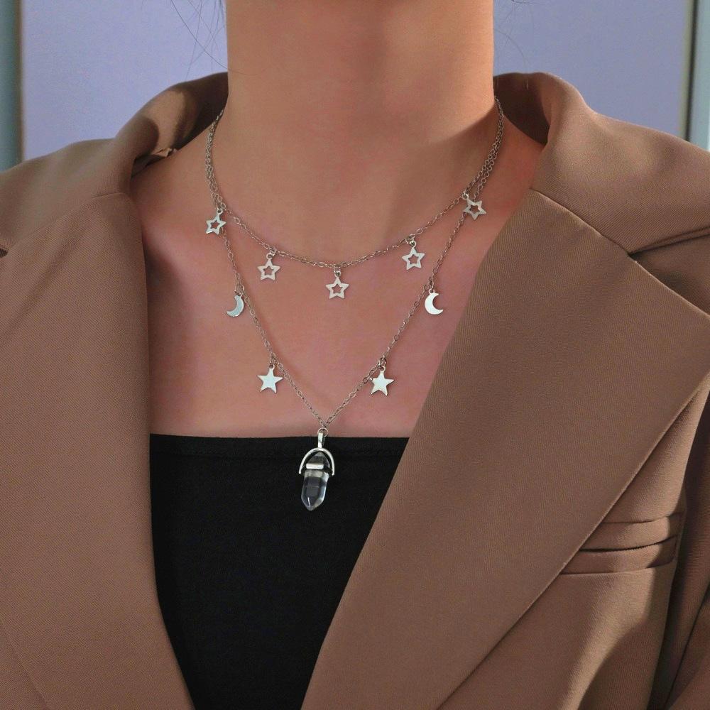 Fashion Iron Star Moon Multilayer Clavicle Chain Necklace Hexagonal Column Pendant Necklace Accessories