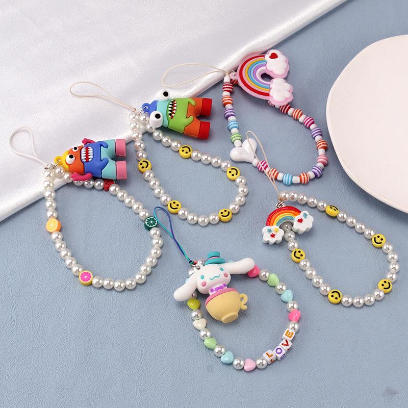 Simple monster rainbow non-slip bag chain cute cinnamon dog soft pottery mobile phone case anti-lost pendant pearl chain