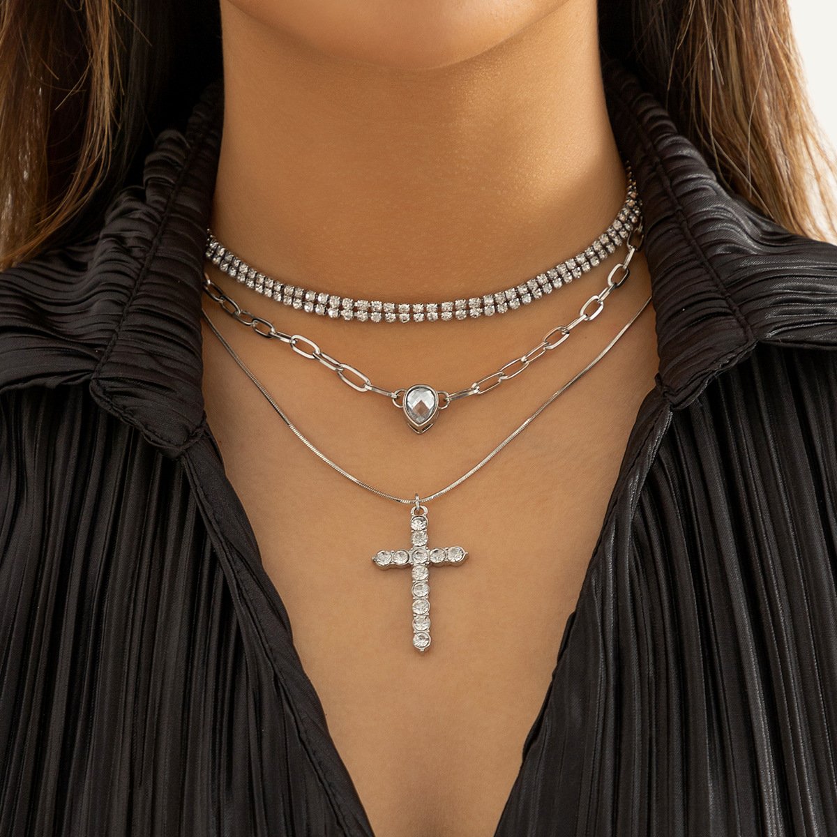 Jewelry Hip Hop Trendy Diamond Cross Necklace Set Fashion Metal Chain Clavicle Necklace