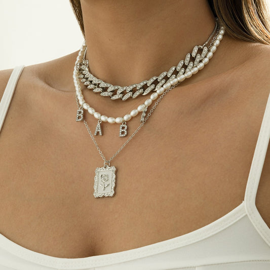 Jewelry Hip Hop Simple Full Diamond Cuban Chain Necklace Vintage Diamond Alphabet Pearl Tag Necklace