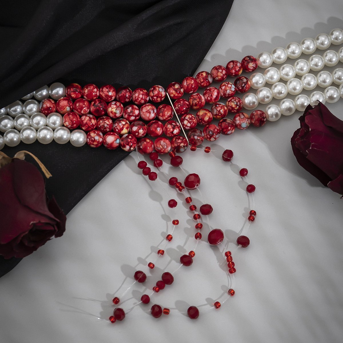 Jewelry Personality Round Beads Multilayer Necklace Women's Retro Gothic Drip Blood Tassel Imitation Pearl Necklace