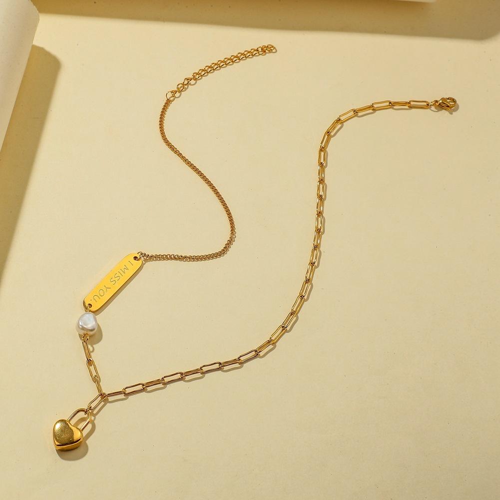 ins titanium steel gold-plated three-dimensional love lock pendant fashion square brand Imissyou temperament pearl necklace