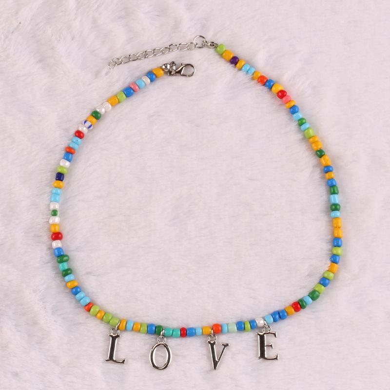 Small Fresh Alphabet Necklace Female Bohemian Handmade Colorful Rice Beads Clavicle Chain