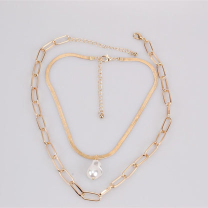 Jewelry Retro Versatile Multilayer Copper Snake Chain Natural Baroque Pearl Fashion Personality Two-piece Set