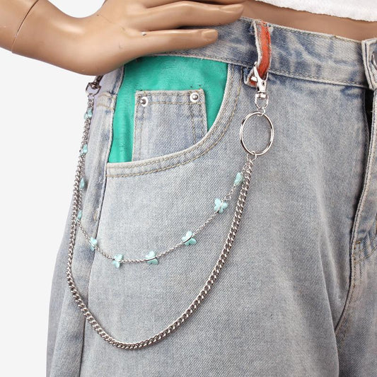 Versatile double-layer combination blue butterfly decorative chain ins metal ring pendant accessories waist chain hip-hop pants chain