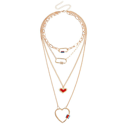 Jewelry Geometric Drop Glaze Hollow Peach Heart Pendant Necklace Female Creative Punk Temperament Multilayer Necklace