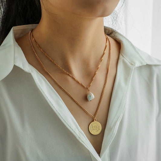 INS jewelry temperament simple freshwater pearl retro metal coin pendant fashion double layer necklace