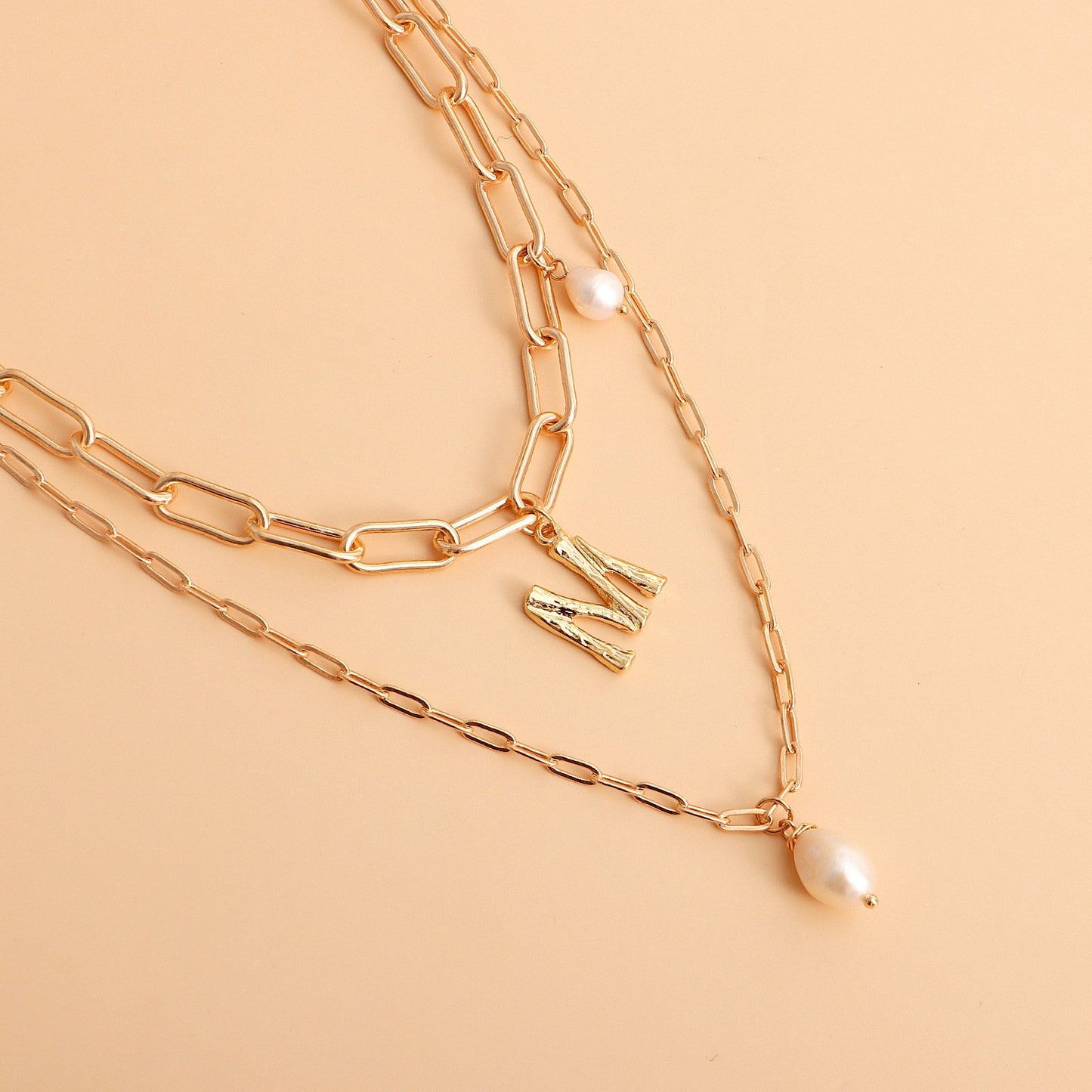 Jewelry punk double imitation pearl letter M pendant necklace female clavicle chain ins necklace