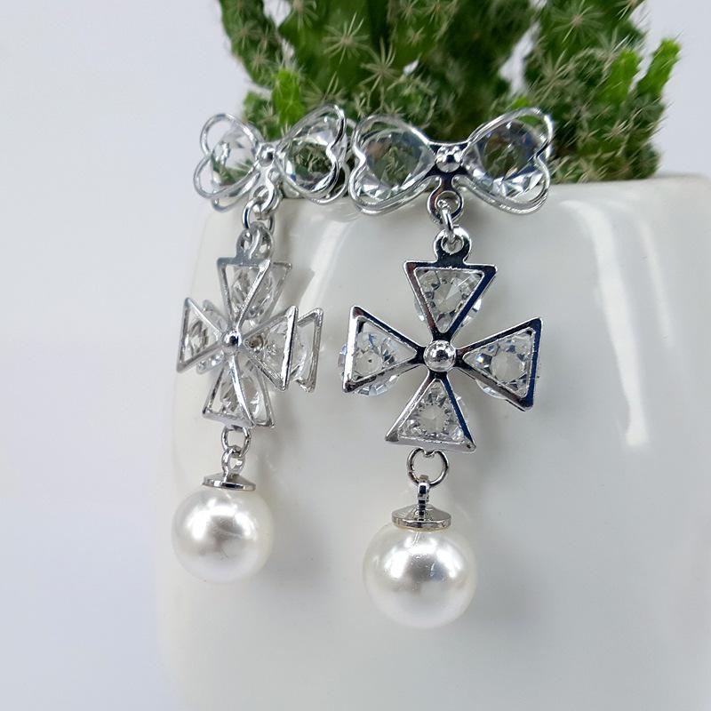 Four-leaf flower bowknot pearl and diamond earrings five-petal flower stud earrings charm