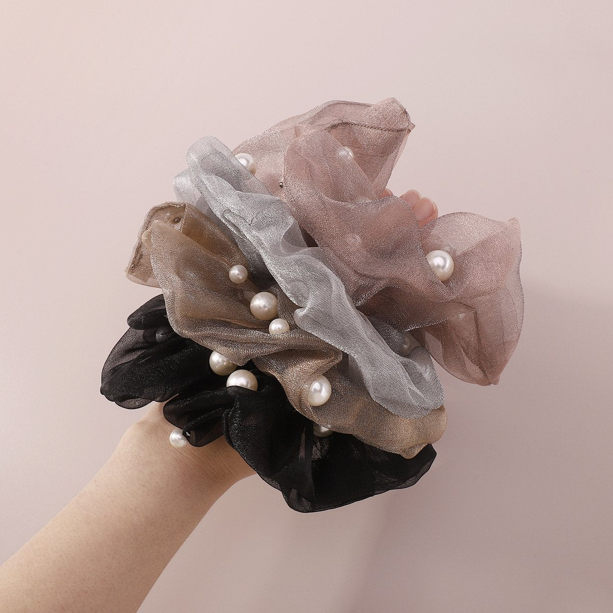 F4285 retro personality net red pearl hair ring organza simple temperament fashion elastic large intestine ponytail hair rope
