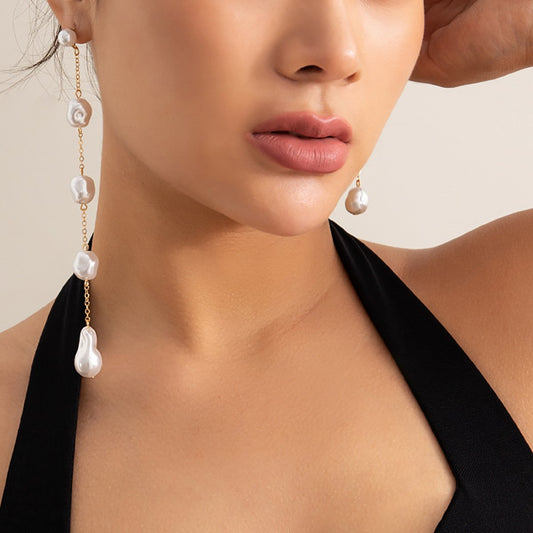 Jewelry Temperament Baroque Imitation Pearl Asymmetric Earrings Women's Long Section Cold Tassel Earrings