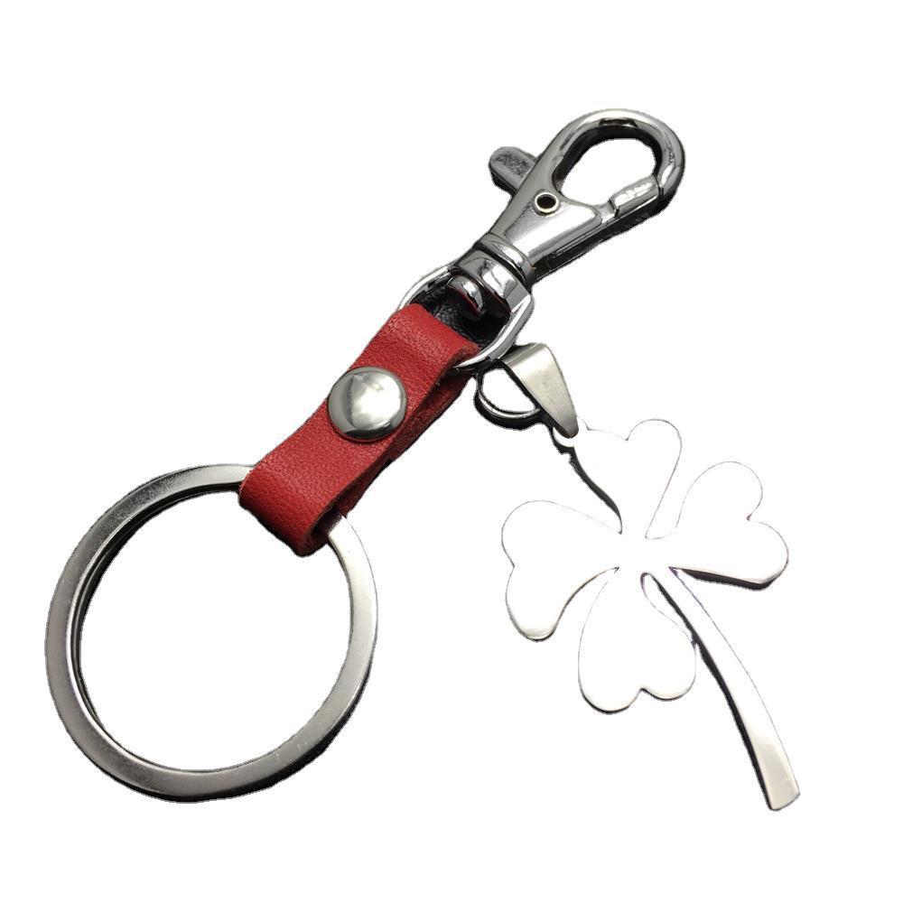 Four Leaf Lucky Flower Titanium Steel Pendant Leather Keychain Pendant Accessories
