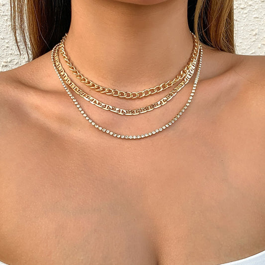 Jewelry Simple Metal Thin Chain Necklace Set Women's Stacked Geometric Claw Chain Diamond Clavicle Necklace