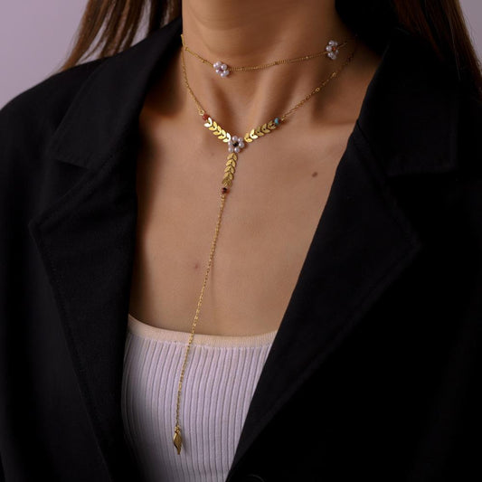 Creative stainless steel golden wheat ear pendant pearl flower titanium steel pastoral double-layer necklace collarbone chain female