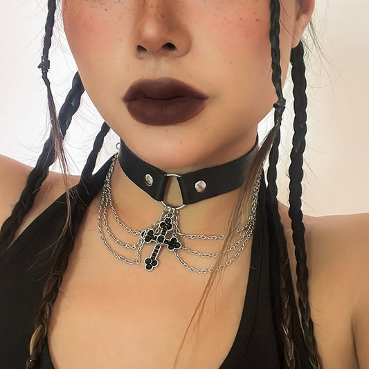 Jewelry sweet cool dark pu necklace choker punk chain tassel cross necklace female