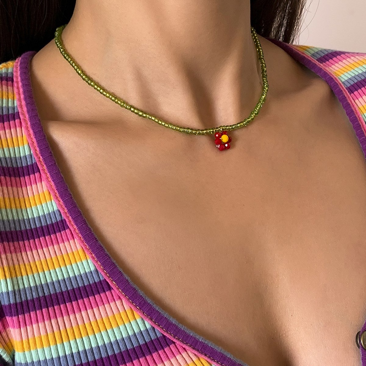 Simple Small Daisy Flower Rice Bead Necklace Bohemian Holiday Imitation Crystal Braided Clavicle Necklace