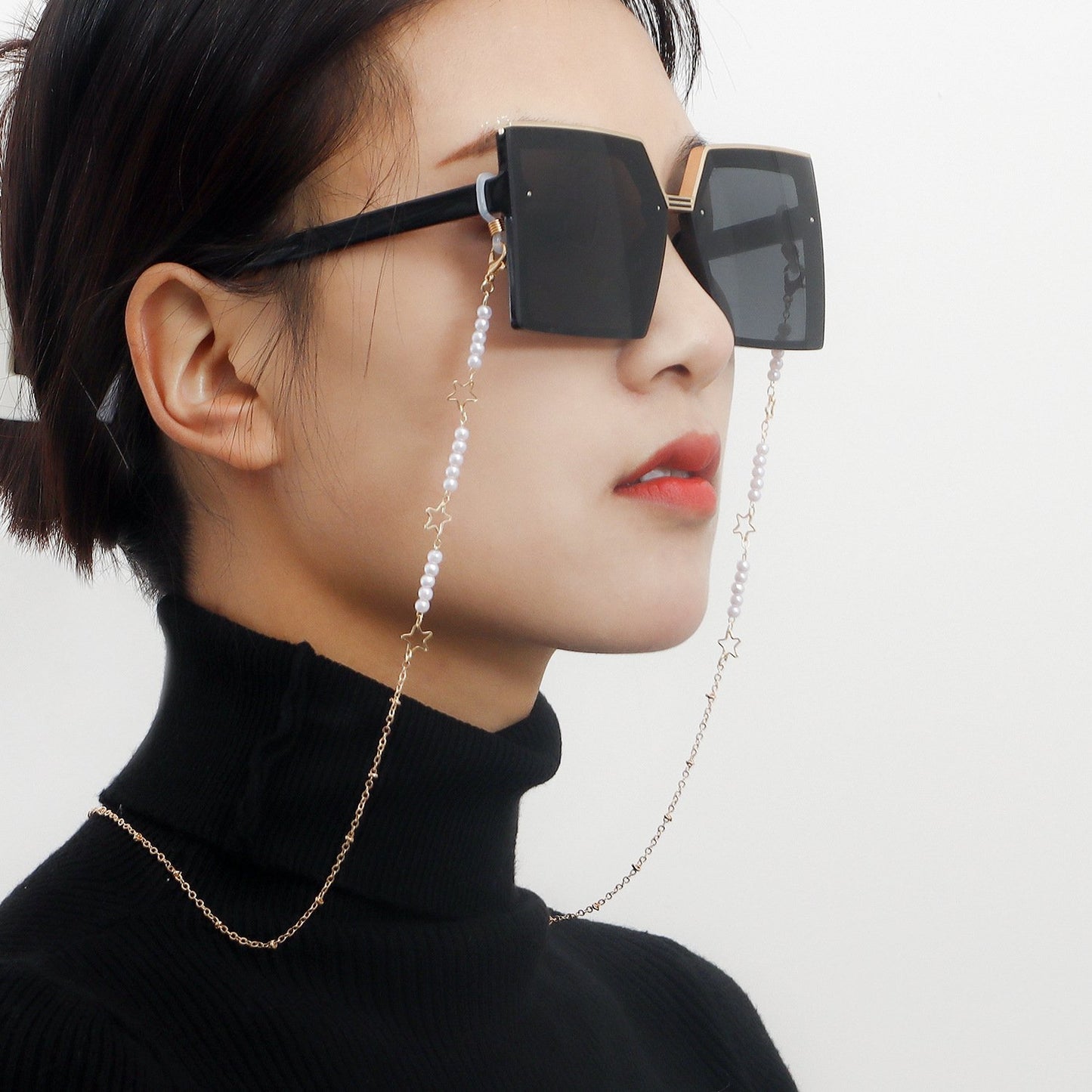 Trendy cool hollow out five-pointed star beaded mask lanyard anti-lost chain high-end sense glasses chain mask extension rope face chain female