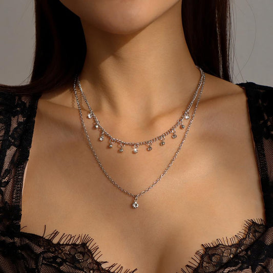 N98 Jewelry Fashion Temperament Diamond Double Layer Necklace Geometric Hong Kong Elegant Simple Necklace Women