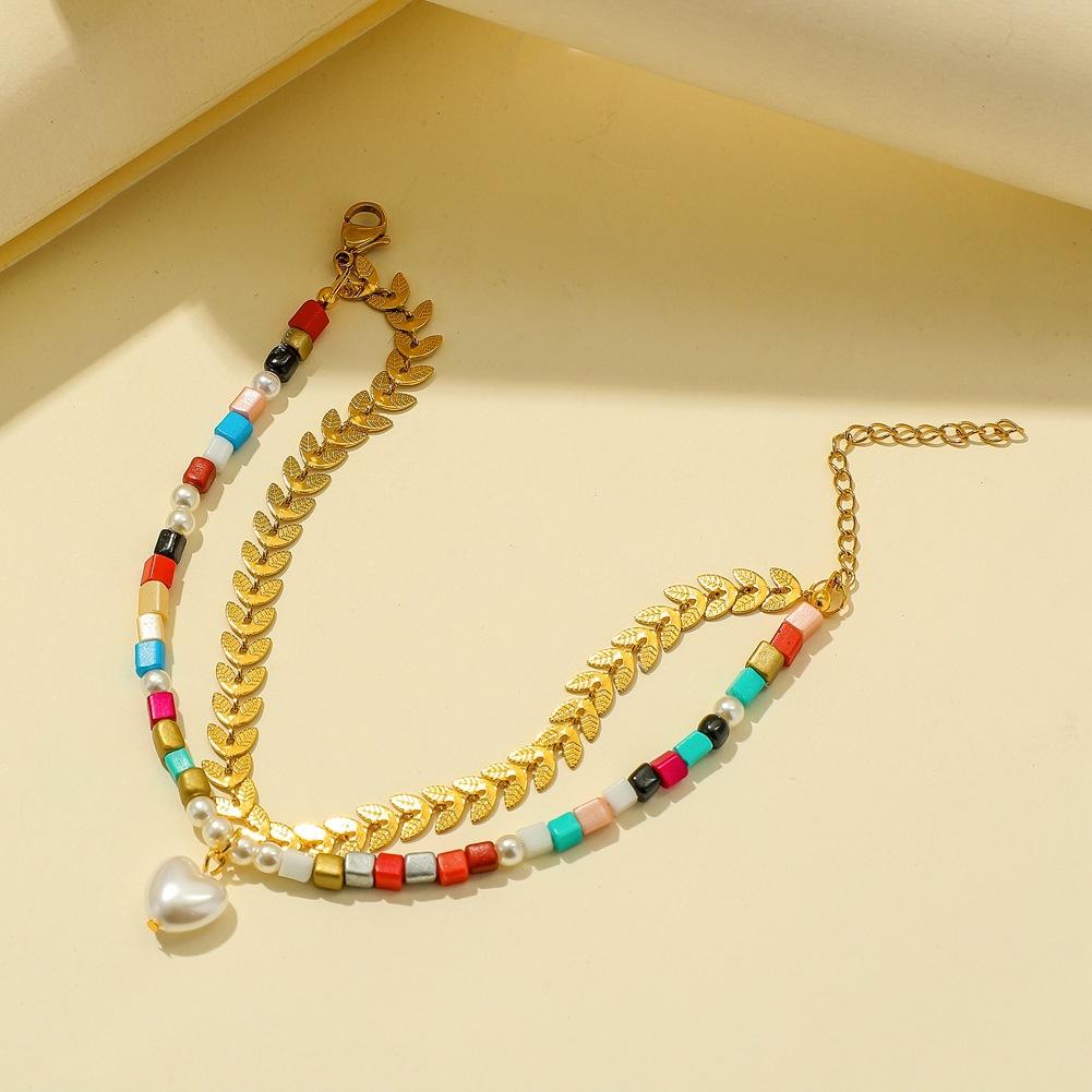 Bohemia Color Rice Bead Bracelet Stainless Steel Wheat Ear Chain Love Pearl Hand Jewelry Female