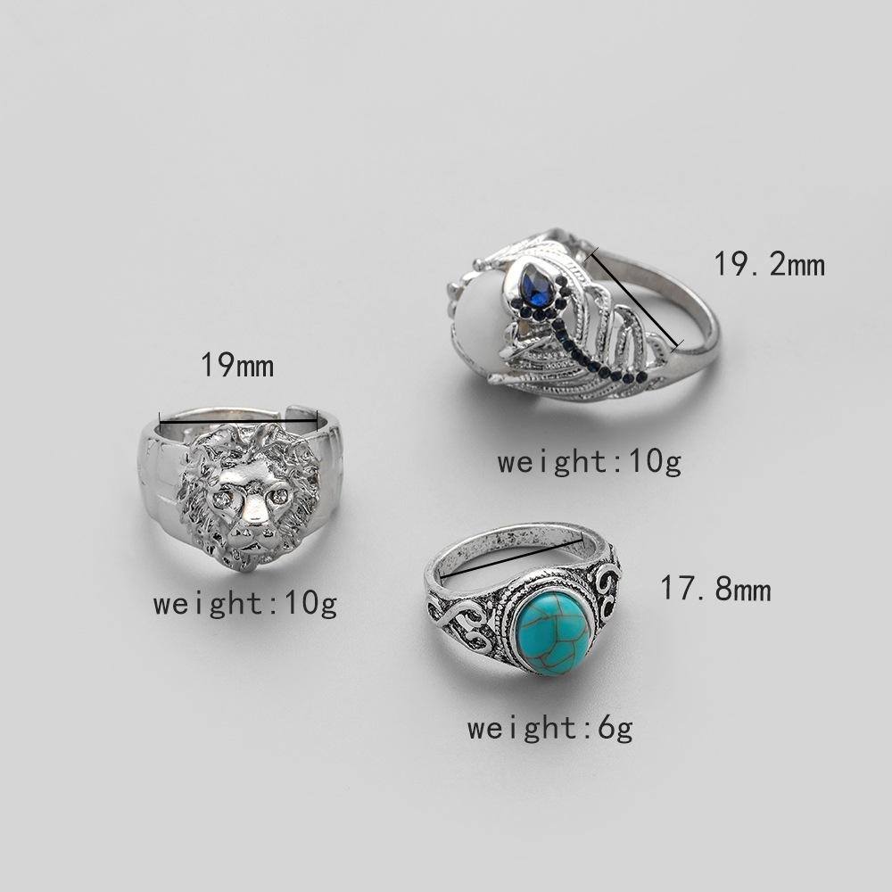Fashion retro trend personality men's alloy exaggerated lion turquoise peacock feather ring set