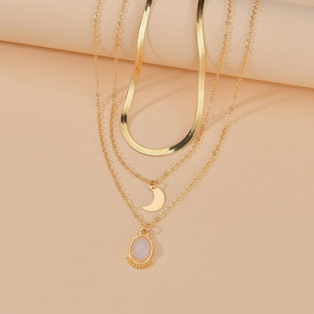 Simple Moon Water Drop Alloy Pendant Necklace Retro Fashion Snake Chain Multilayer Necklace Women's Accessories