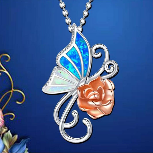 Explosive Jewelry Fashion Butterfly Pendant Rose Necklace Female Niche Design Jewelry