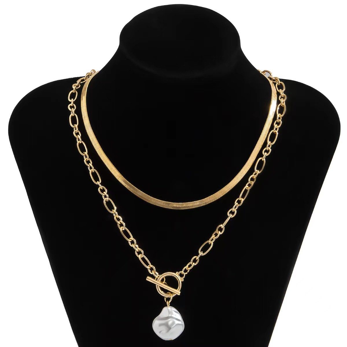 Fashion Hip Hop OT Buckle Flat Snake Bone Necklace Jewelry Baroque Shaped Imitation Pearl Necklace Female
